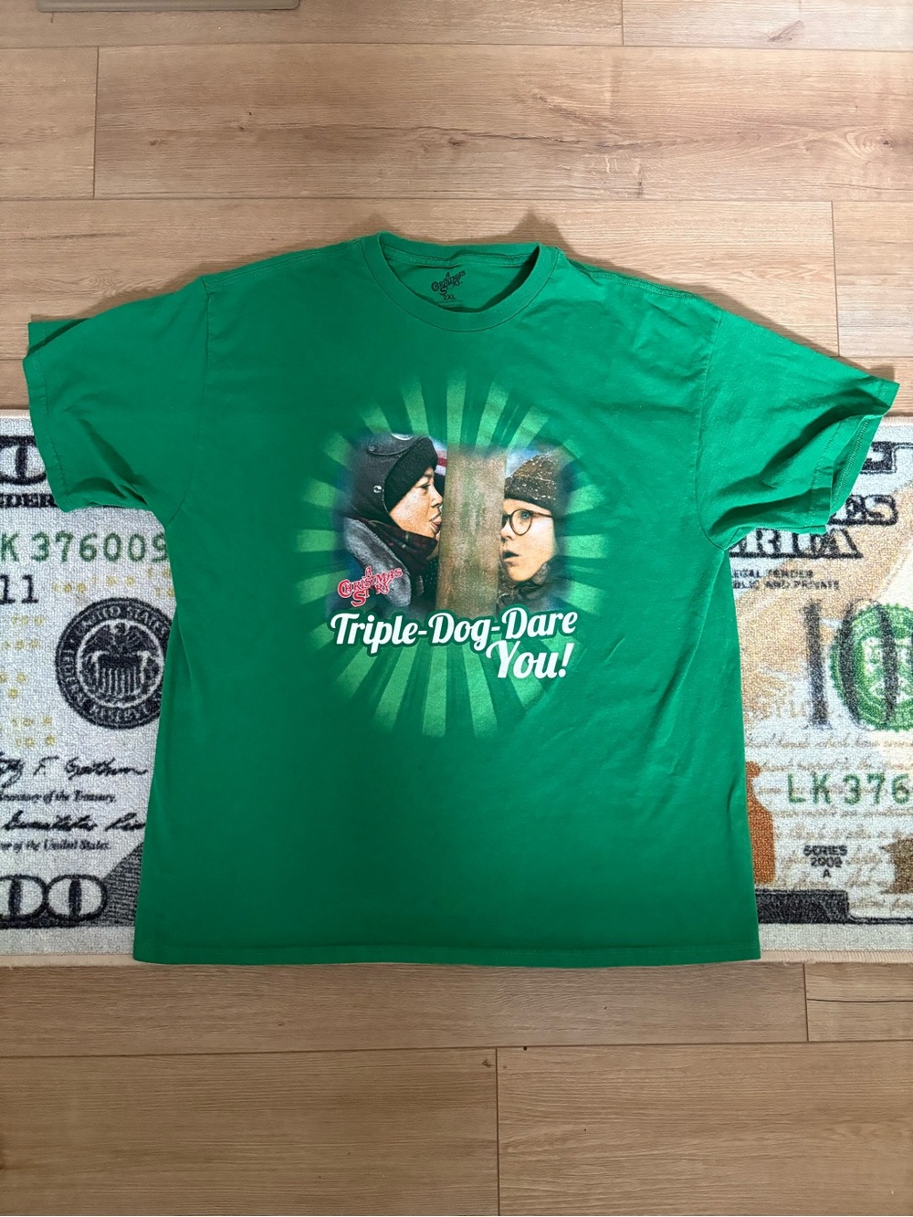 Green Graphic Short Sleeve Tee with 'Triple-Dog-Dare You!' Print